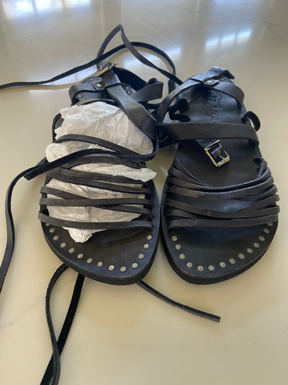 Black Strappy Lace-Up Studded Flat Sandals free people. Never worn perfect